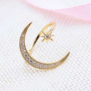 Angol Sterling Silver Crescent Moon Star Rings for Women Adjustable Moon Ring 5A Cubic Zirconia Minimalist Ring Valentines Day Gift for Her with Box (Gold-white cz, 8)