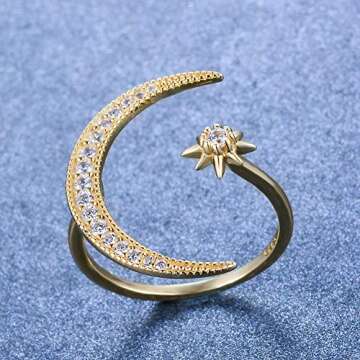 Angol Sterling Silver Crescent Moon Star Rings for Women Adjustable Moon Ring 5A Cubic Zirconia Minimalist Ring Valentines Day Gift for Her with Box (Gold-white cz, 8)
