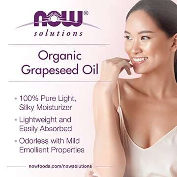 NOW Solutions, Organic Grapeseed Oil, Skin Care for Sensitive Skin, Light Silky Moisturizer for All Skin Types, 8-Ounce