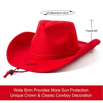 Lanzom Women Men Retro Felt Wide Brim Western Cowboy Cowgirl Hat Dress Up Hat with Wind Lanyard(Red,...