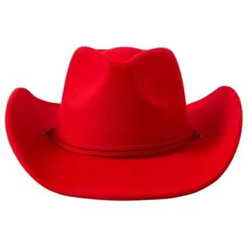 Lanzom Women Men Retro Felt Wide Brim Western Cowboy Cowgirl Hat Dress Up Hat with Wind Lanyard(Red,Medium)