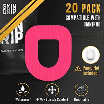 Skin Grip CGM Patches for Insulet Omnipod (20-Pack), Waterproof & Sweatproof for 10-14 Days, Pre-Cut Adhesive Tape, Continuous Glucose Monitor Protection (Rainbow Pack)