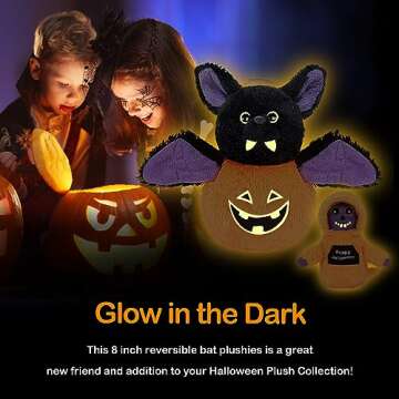 Nleio Plush Bat Halloween Stuffed Animal, 8" Reversible Bat Plushie Toys Glows in The Dark, Flip fro...