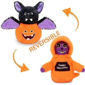 Nleio Plush Bat Halloween Stuffed Animal, 8" Reversible Bat Plushie Toys Glows in The Dark, Flip from Pumpkin Bat to Fluffy Skull Doll (Glows in The Dark), Double-Sided Funny Plush
