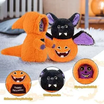 Nleio Plush Bat Halloween Stuffed Animal, 8" Reversible Bat Plushie Toys Glows in The Dark, Flip from Pumpkin Bat to Fluffy Skull Doll (Glows in The Dark), Double-Sided Funny Plush