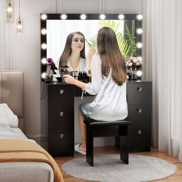 VOWNER Vanity with Lighted Mirror - Makeup Vanity Desk with Power Outlet and 7 Drawers, 3 Color Lighting Modes Adjustable Brightness, 44" Vanity Table with Soft Cushioned Stool for Women Girls