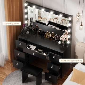 VOWNER Vanity with Lighted Mirror - Makeup Vanity Desk with Power Outlet and 7 Drawers, 3 Color Lighting Modes Adjustable Brightness, 44" Vanity Table with Soft Cushioned Stool for Women Girls