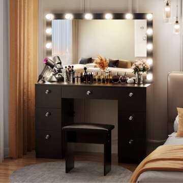 VOWNER Vanity with Lighted Mirror - Makeup Vanity Desk with Power Outlet and 7 Drawers, 3 Color Lighting Modes Adjustable Brightness, 44" Vanity Table with Soft Cushioned Stool for Women Girls