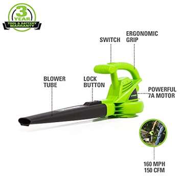 Greenworks 7 Amp 160 MPH/150 CFM Single Speed Electric Blower, 24012, green