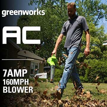 Greenworks 7 Amp 160 MPH/150 CFM Single Speed Electric Blower, 24012, green