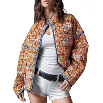 Wyeysyt Women's Cropped Puffer Jacket Lightweight Floral Print Long Sleeve Padded Quilted Puffy Card...