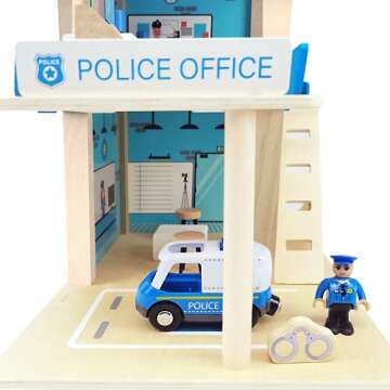Wooden Police Station Playset Toy, Multicolor 3-Level Pretend Play Dollhouse Set with Figures, Car, ...