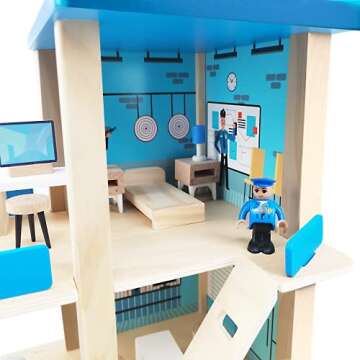 Wooden Police Station Playset Toy, Multicolor 3-Level Pretend Play Dollhouse Set with Figures, Car, Helicopter and Accessories, Preschool Learning Educational Toys for Toddlers Kids Age 3 and up