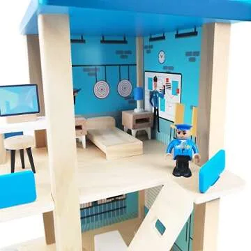 Wooden Police Station Playset for Kids Age 3 Up
