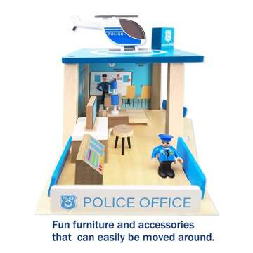 Wooden Police Station Playset Toy, Multicolor 3-Level Pretend Play Dollhouse Set with Figures, Car, Helicopter and Accessories, Preschool Learning Educational Toys for Toddlers Kids Age 3 and up