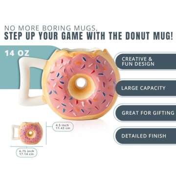 Ceramic Donut Mug - Delicious Pink Glaze Doughnut with Sprinkles - Funny "MMM... Donuts!" Quote - Be...