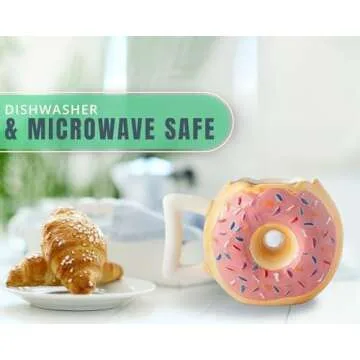 Ceramic Donut Mug - Delicious Pink Glaze Doughnut with Sprinkles - Funny "MMM... Donuts!" Quote - Best Cup For Coffee, Tea, Hot Chocolate and More - Large 14 oz - Funny Coffee Mug Gift - Pink