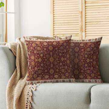 Burgundy Floral Block Print Pillow Covers 20x20 Set of 2 Vintage Persian Tabriz Rug Design Carpet Pattern Decorative Throw Pillow Cases Outdoor Farmhouse Modern Boho Decoration for Sofa Couch Bed