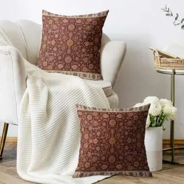 Burgundy Floral Block Print Pillow Covers 20x20 Set of 2 Vintage Persian Tabriz Rug Design Carpet Pattern Decorative Throw Pillow Cases Outdoor Farmhouse Modern Boho Decoration for Sofa Couch Bed