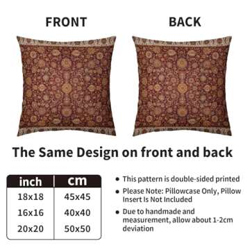 Burgundy Floral Block Print Pillow Covers 20x20 Set of 2 Vintage Persian Tabriz Rug Design Carpet Pattern Decorative Throw Pillow Cases Outdoor Farmhouse Modern Boho Decoration for Sofa Couch Bed