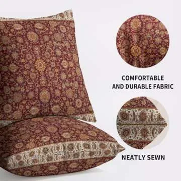Burgundy Floral Block Print Pillow Covers 20x20 Set of 2 Vintage Persian Tabriz Rug Design Carpet Pattern Decorative Throw Pillow Cases Outdoor Farmhouse Modern Boho Decoration for Sofa Couch Bed