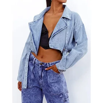 Justalwart Women Classic Vintage Denim Cropped Jacket
