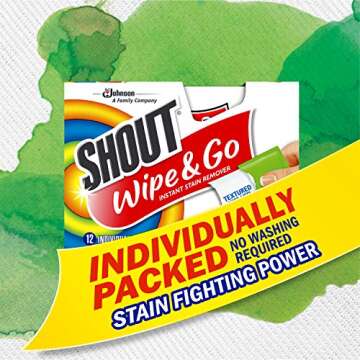 Shout Wipes Stain Remover for Clothes Laundry, Instant Stain Remover and Individually Wrapped, Travel Essentials, Works on Everyday Stains, 12 Wipes per Carton (1 Carton)