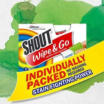 Shout Wipes Stain Remover for Clothes Laundry, Instant Stain Remover and Individually Wrapped, Travel Essentials, Works on Everyday Stains, 12 Wipes per Carton (1 Carton)