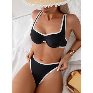 WDIRARA Women's Color Block Underwire Bikini Set 2 Piece Swimsuits High Cut Backless Bathing Suits Black and White Small