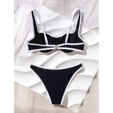 WDIRARA Women's Color Block Underwire Bikini Set 2 Piece Swimsuits High Cut Backless Bathing Suits Black and White Small