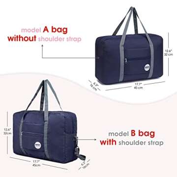 WANDF Foldable Travel Duffel Bag Luggage Sports Gym Water Resistant Nylon (Dark Blue)