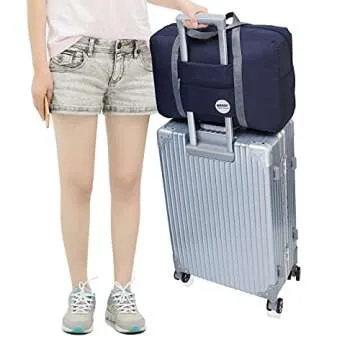 WANDF Foldable Travel Duffel Bag Luggage Sports Gym Water Resistant Nylon (Dark Blue)