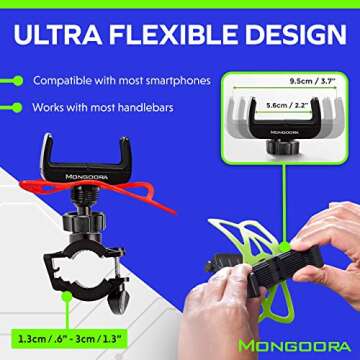 Mongoora Bike & Motorcycle Phone Mount - GPS Cell Phone Holder for Bicycle Handlebar - Easy to Install Bike Accessories Fits iPhone, Galaxy, Android - Stocking Stuffers - 3 Bands (Black, Red, Green)