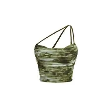 Floerns Women's Tie Dye Spaghetti Strap Cut Out One Shoulder Ruched Crop Cami Top Olive Green S