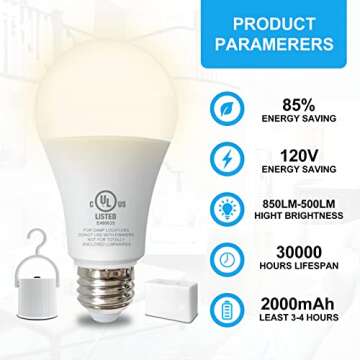 YKDtronics Rechargeable Light Bulbs, Emergency Battery Light Bulb for Power Outage, Battery Operated Light Bulbs 2000mAh Battery Backup 850 Lumens 9W 60W Equivalent 3000K Soft White E26/E27 120V 4Pack