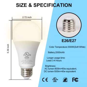 YKDtronics Rechargeable Light Bulbs, Emergency Battery Light Bulb for Power Outage, Battery Operated Light Bulbs 2000mAh Battery Backup 850 Lumens 9W 60W Equivalent 3000K Soft White E26/E27 120V 4Pack