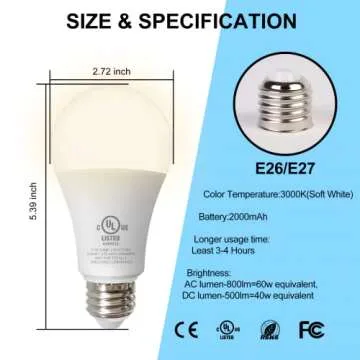 YKDtronics Rechargeable Light Bulbs, Emergency Battery Light Bulb for Power Outage, Battery Operated Light Bulbs 2000mAh Battery Backup 850 Lumens 9W 60W Equivalent 3000K Soft White E26/E27 120V 4Pack