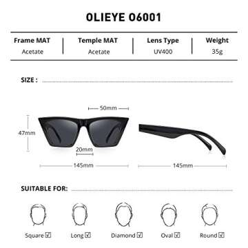 OLIEYE Vintage Square Cat Eye Sunglasses Women Fashion Small Cateye Sunglasses (Black, 50)