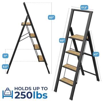 Step Ladder 4 Step Folding, Decorative - Beautiful Bamboo & Black Aluminum, Ultra Slim Profile, Anti...