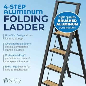 Step Ladder 4 Step Folding, Decorative - Beautiful Bamboo & Black Aluminum, Ultra Slim Profile, Anti Slip Steps, Sturdy-Portable for Home, Office, Kitchen, Photography Use,by SORFEY