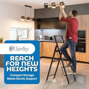 Step Ladder 4 Step Folding, Decorative - Beautiful Bamboo & Black Aluminum, Ultra Slim Profile, Anti Slip Steps, Sturdy-Portable for Home, Office, Kitchen, Photography Use,by SORFEY