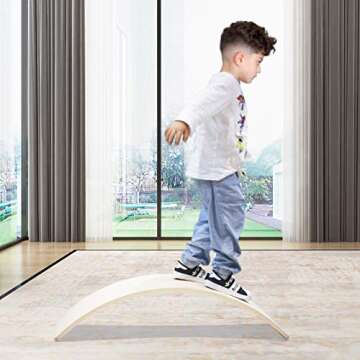 FUNPENY Wooden Balance Board, Wobbel Balance Board Kid Yoga Board Curvy Board Wooden Rocker Board, 31 Inch Kid Size Wooden Style