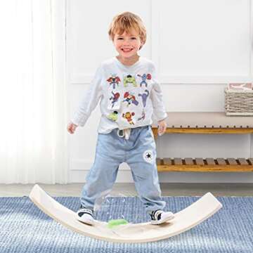 FUNPENY Wooden Balance Board, Wobbel Balance Board Kid Yoga Board Curvy Board Wooden Rocker Board, 31 Inch Kid Size Wooden Style
