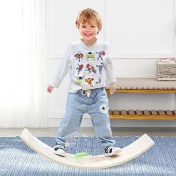 FUNPENY Wooden Balance Board, Wobbel Balance Board Kid Yoga Board Curvy Board Wooden Rocker Board, 31 Inch Kid Size Wooden Style