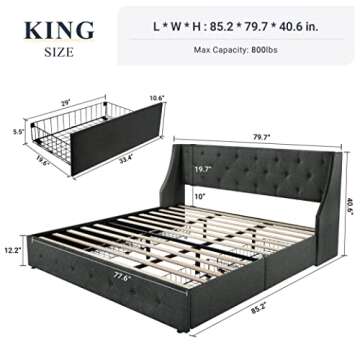 Allewie King Size Bed Frame with 4 Storage Drawers and Wingback Headboard, Button Tufted Design, No Box Spring Needed, Dark Grey