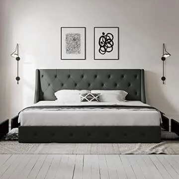 Allewie King Size Bed Frame with 4 Storage Drawers and Wingback Headboard, Button Tufted Design, No Box Spring Needed, Dark Grey
