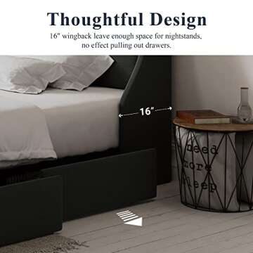 Allewie King Size Bed Frame with 4 Storage Drawers and Wingback Headboard, Button Tufted Design, No Box Spring Needed, Dark Grey