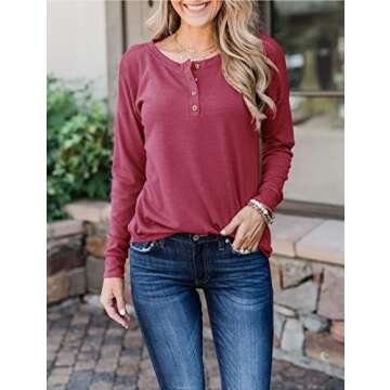 Topstype Womens Henley Tops Long Sleeve Shirts Thermal Pullover Casual Loose Fit Henley Neck Tunics