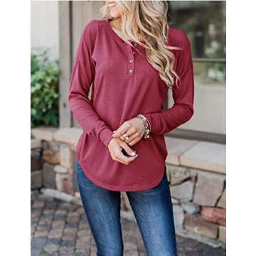 Topstype Womens Henley Tops Long Sleeve Shirts Thermal Pullover Casual Loose Fit Henley Neck Tunics