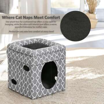 MidWest Homes for Pets Cat Cube Cozy Cat House / Cat Condo in Fashionable Gray Geo Print 15.5L x 15.5W x 16.5H Inches